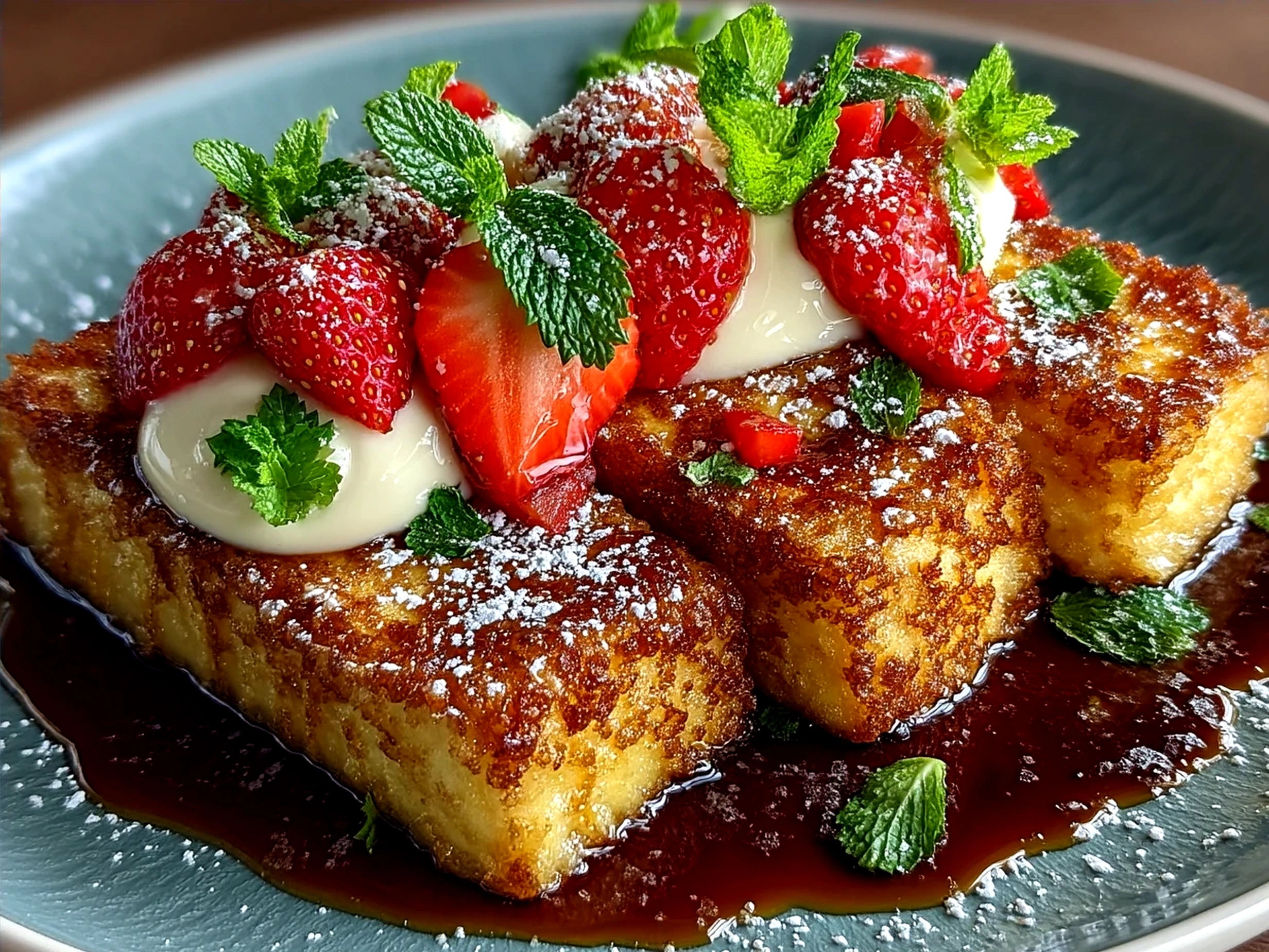 A plate of golden French toast sticks served with fresh fruit and maple syrup