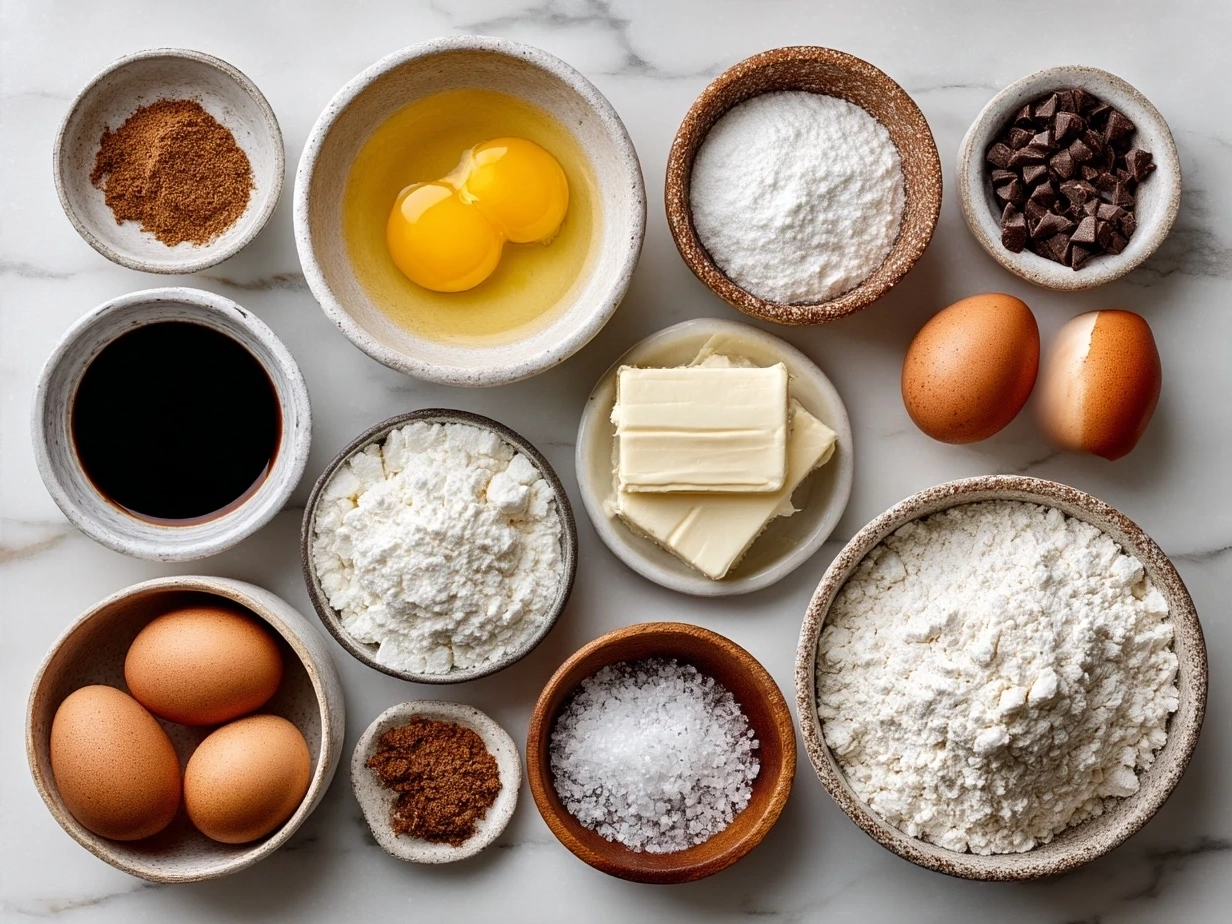Ingredients for French toast sticks including eggs, cinnamon, nutmeg, vanilla, brioche bread, and milk