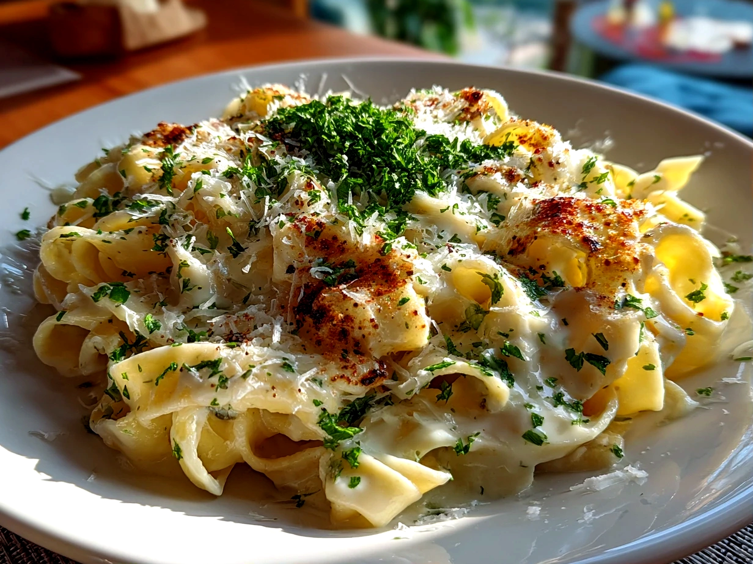 Freshly prepared Alfredo sauce on clean counter