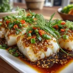 Freshly prepared Chinese Steamed Cod Fish with Ginger Scallion Sauce