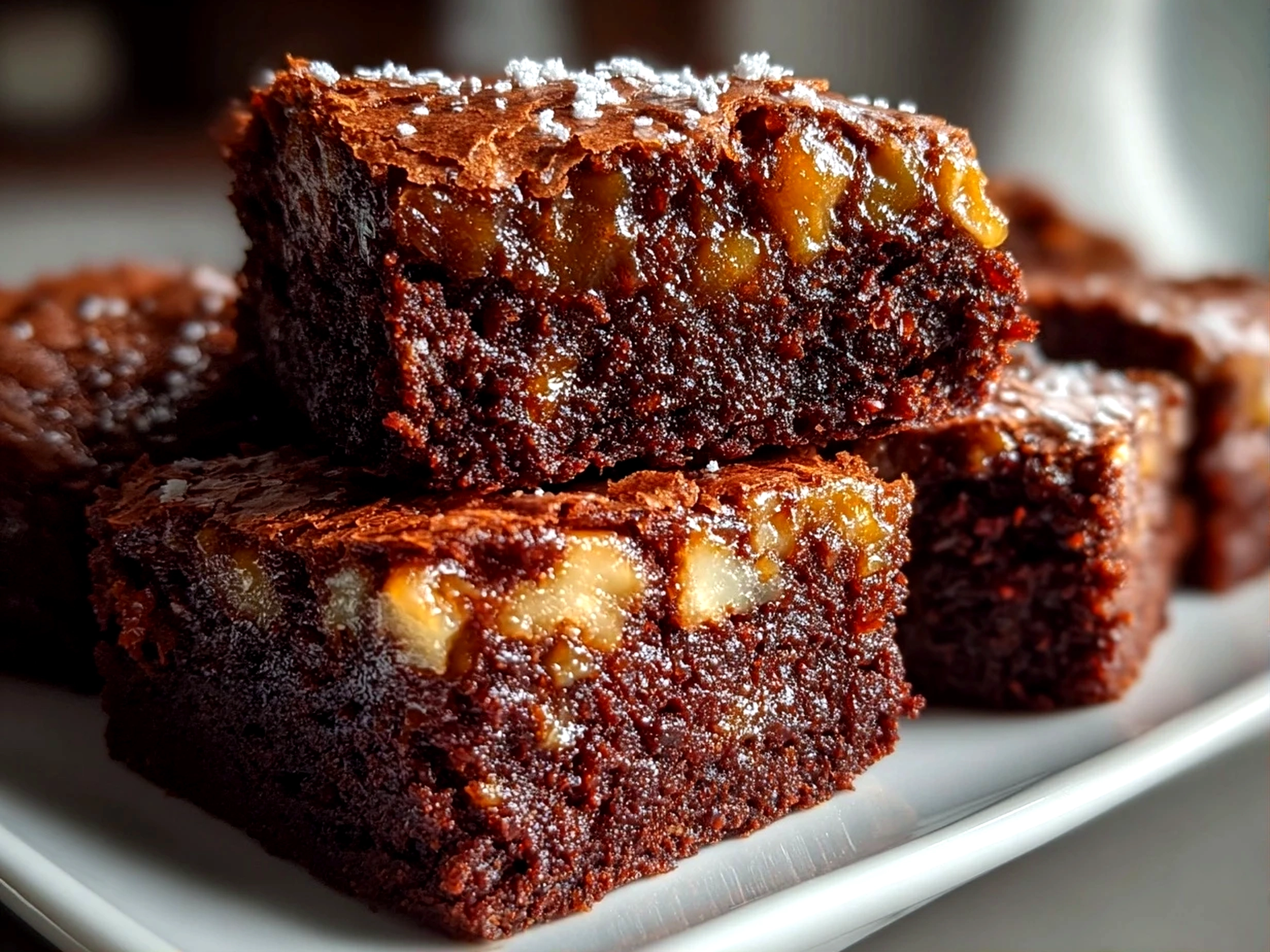 Freshly prepared date brownies on white plate