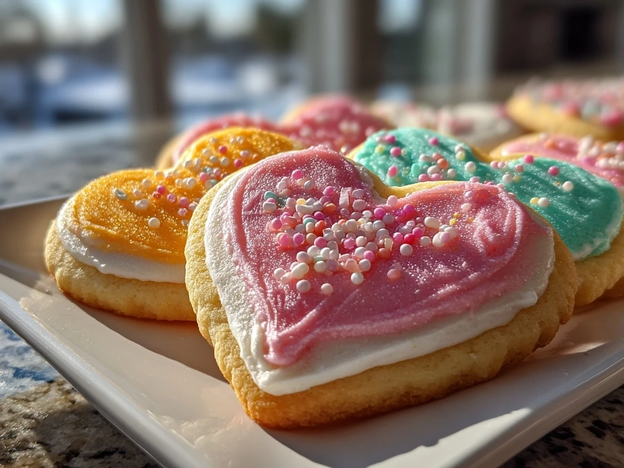 Freshly prepared Frosted Heart Sugar Cookies plated