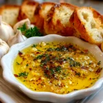 Freshly Prepared Garlic Olive Oil Dip on White Plate