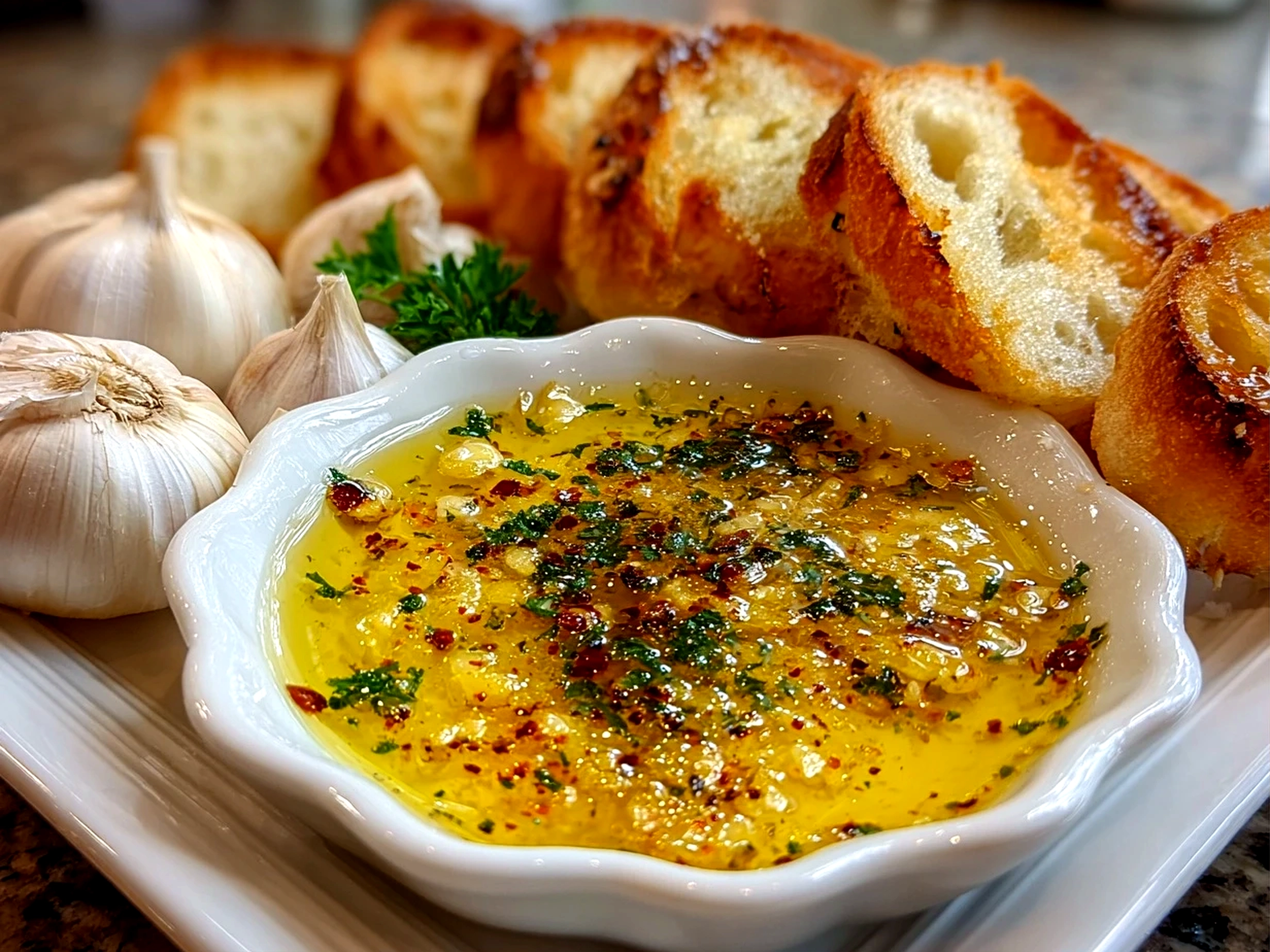 Freshly Prepared Garlic Olive Oil Dip on White Plate