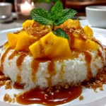 Freshly prepared Mango Sticky Rice on white plate