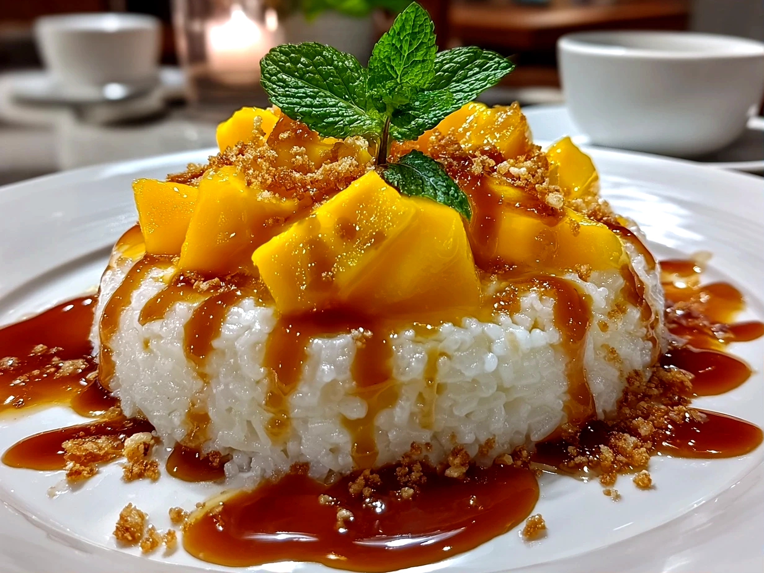 Freshly prepared Mango Sticky Rice on white plate