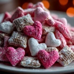 Freshly prepared Valentines Day Muddy Buddies on a white plate
