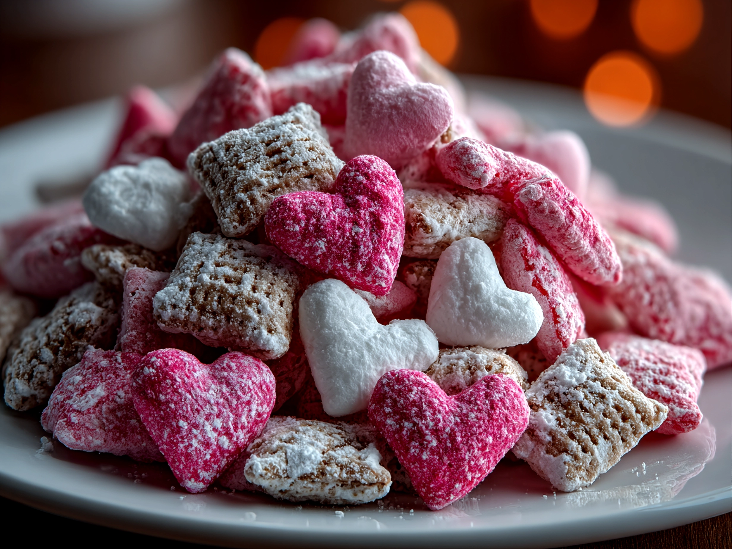Freshly prepared Valentines Day Muddy Buddies on a white plate