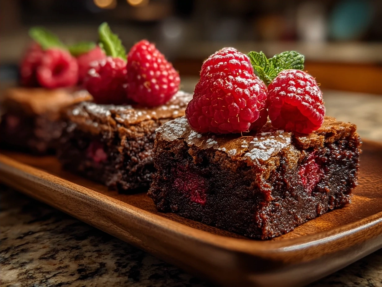 Fudgy Raspberry Swirl Brownies with Fresh Berries served on a plate garnished with fresh mixed berries