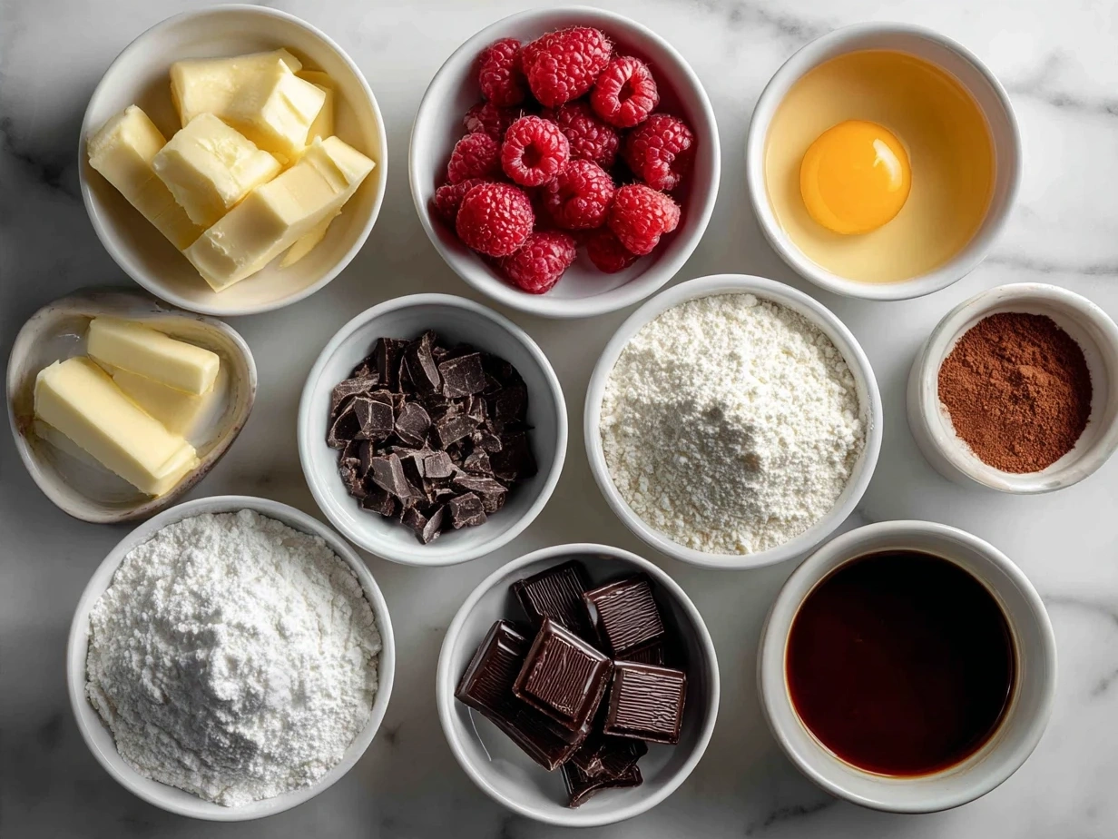 Ingredients for Fudgy Raspberry Swirl Brownies with Fresh Berries including butter, sugar, eggs, cocoa powder, flour, fresh raspberries and mixed berries