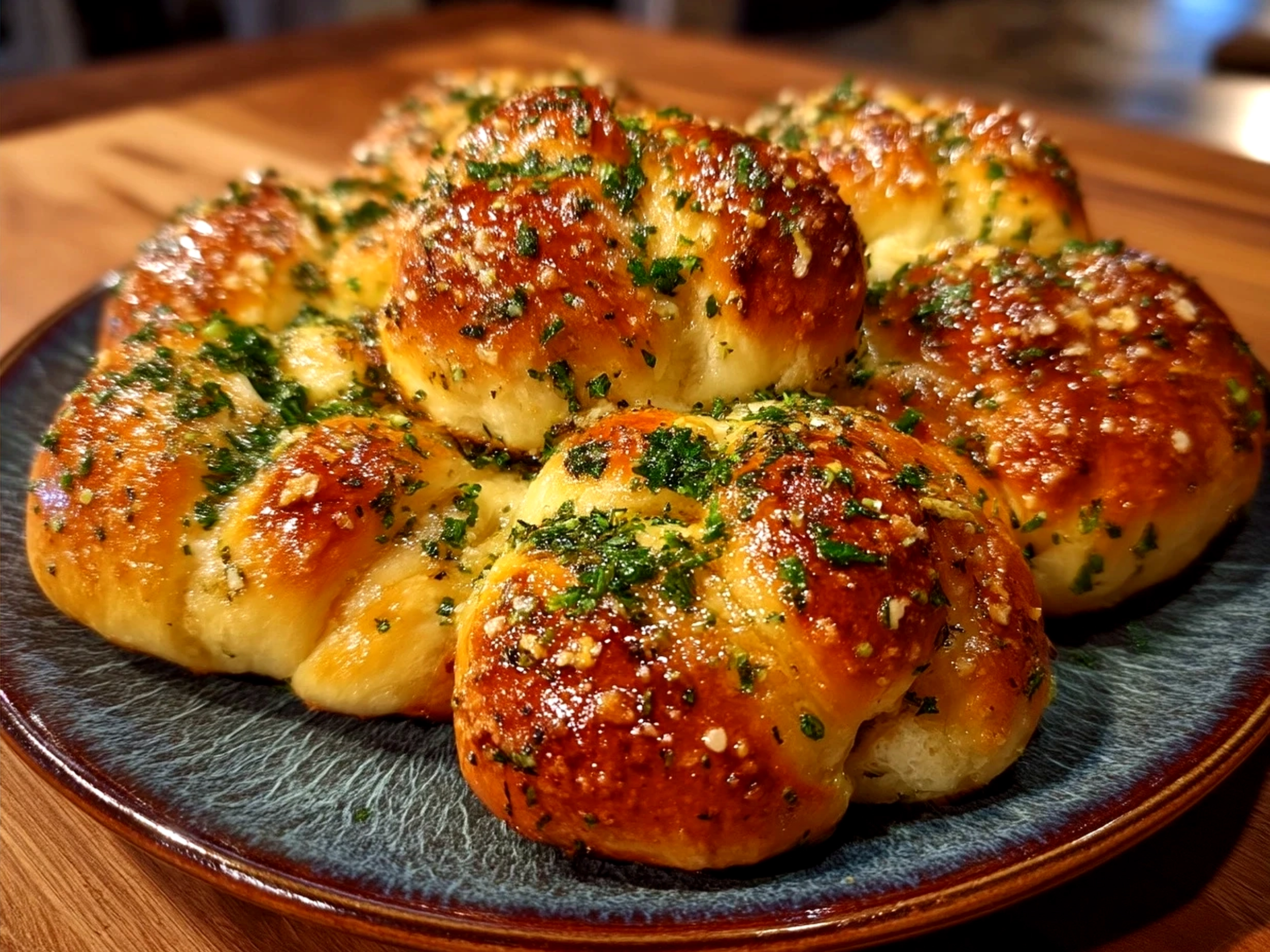 Freshly baked garlic knots served in a basket on a kitchen table