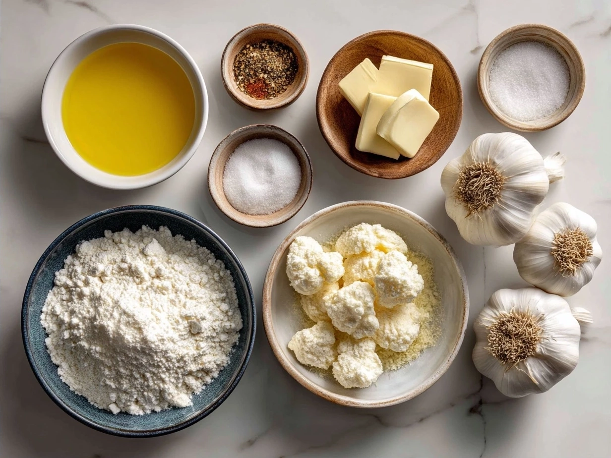 Ingredients for making garlic knots laid out on a kitchen surface