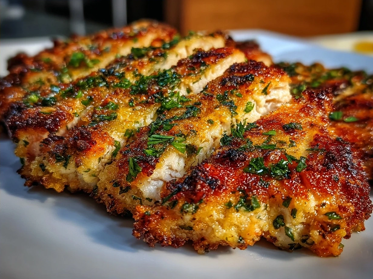 Finished Garlic Parmesan Chicken with golden crust on a serving plate