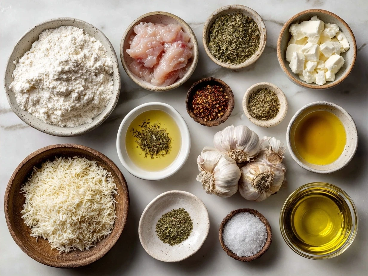 Ingredients for Garlic Parmesan Chicken Recipe including chicken breasts, Parmesan cheese, garlic, butter, and breadcrumbs