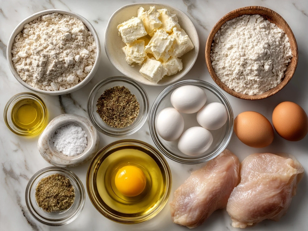 Ingredients laid out for making Gluten Free Chicken Tenders including chicken tenders, gluten free flour, eggs, breadcrumbs, and spices