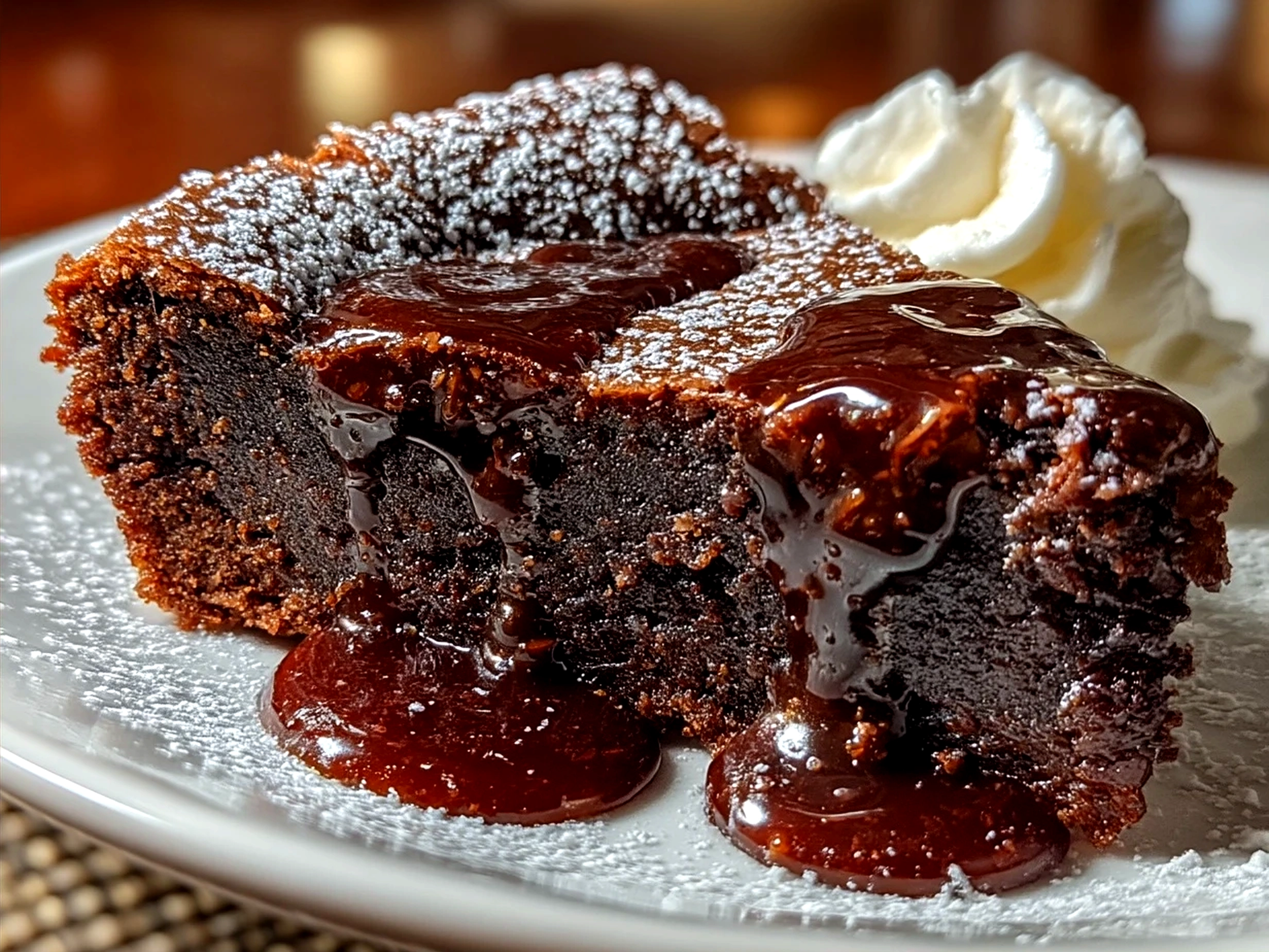 Serve of gooey chocolate cake with vanilla ice cream and raspberry coulis
