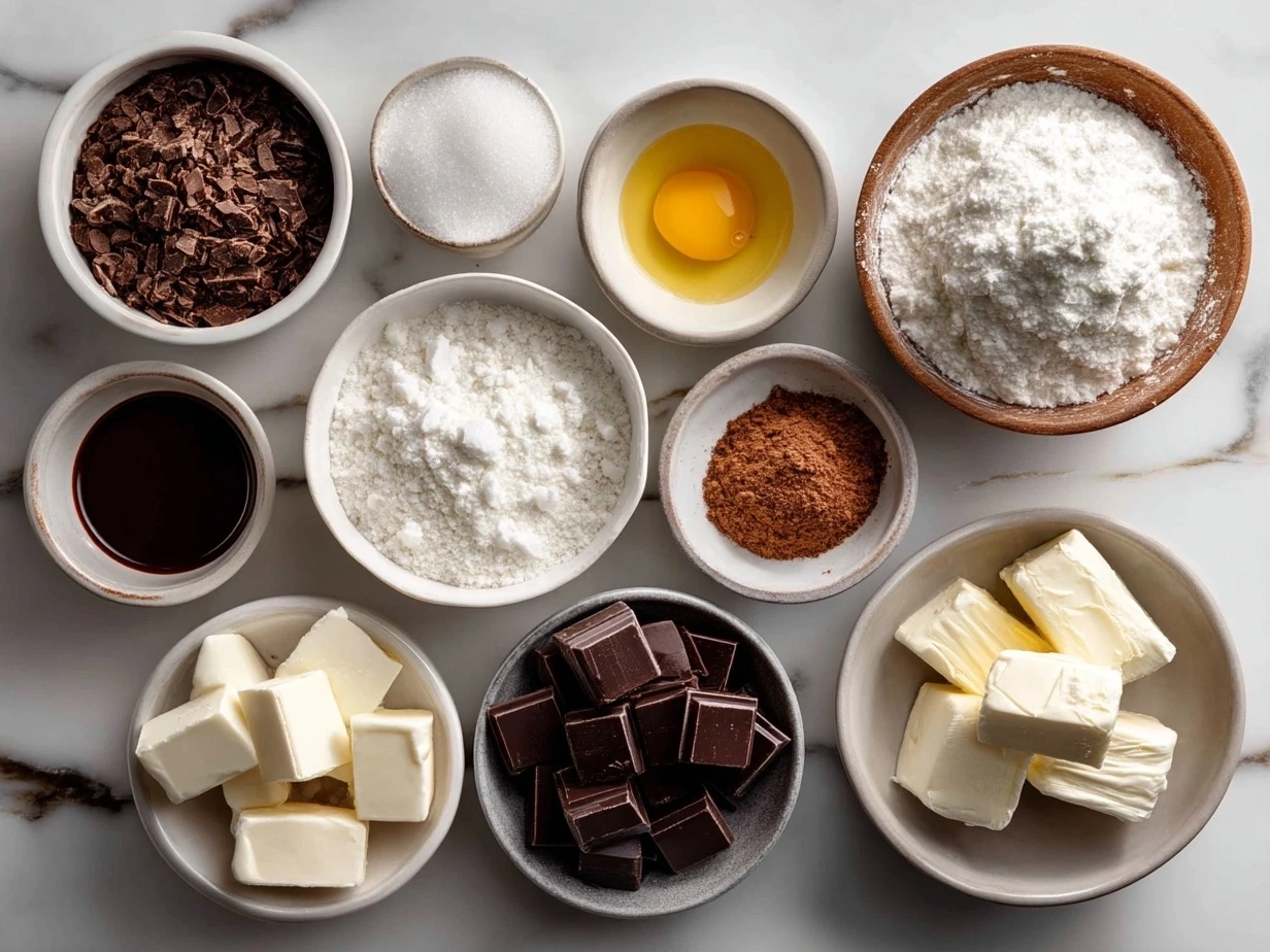 Ingredients laid out for gooey chocolate cake including dark chocolate, butter, eggs, sugar, and spices