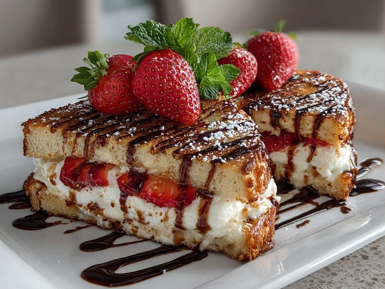 Finished Gourmet Mascarpone Strawberry Grilled Cheese with Balsamic Glaze on a rustic plate