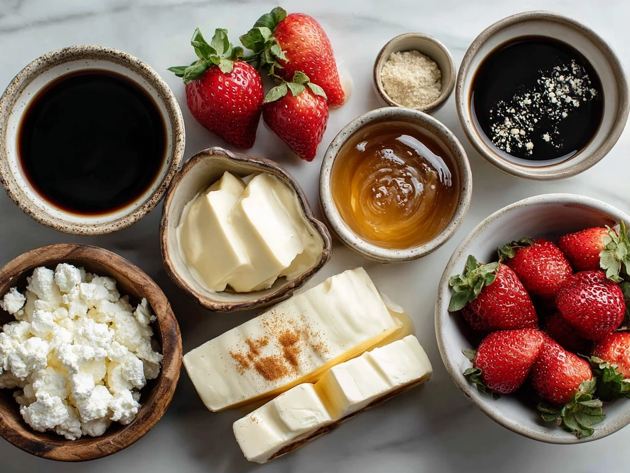 Ingredients for Gourmet Mascarpone Strawberry Grilled Cheese with Balsamic Glaze including bread, mascarpone, strawberries, balsamic vinegar and butter