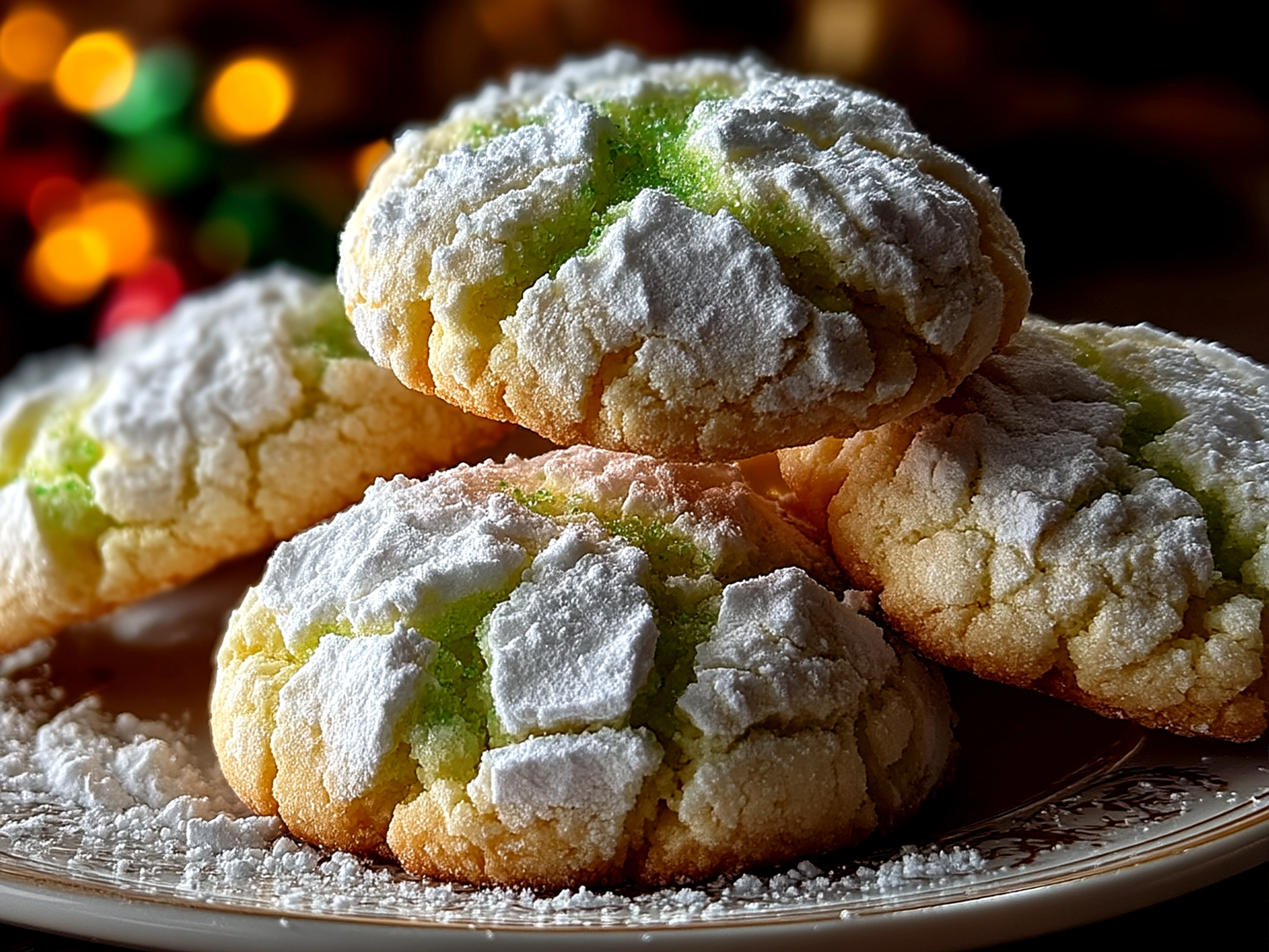A stack of freshly baked Grinch Crinkle Cookies on a rustic plate with rosemary garnishes