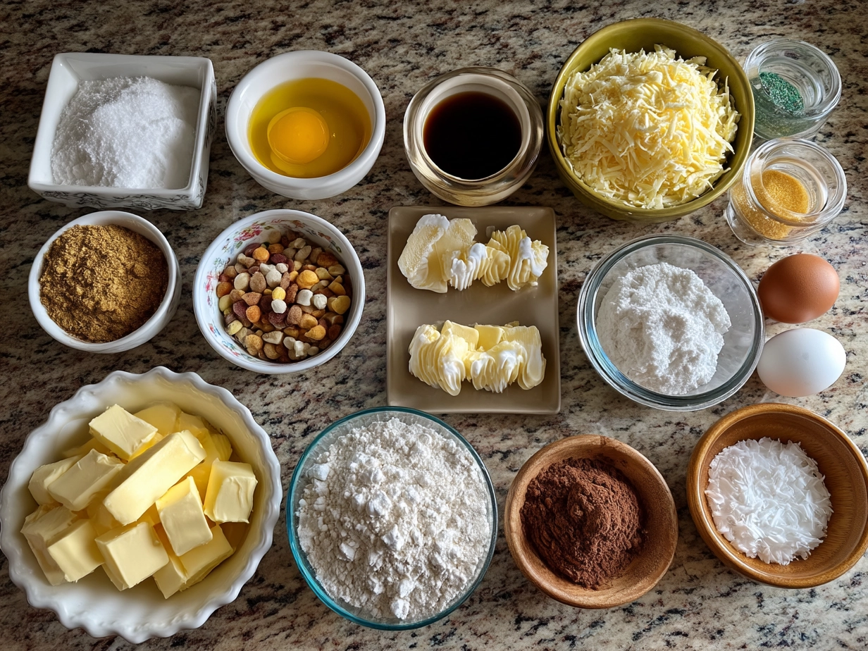 Ingredients for Grinch Crinkle Cookies displayed in bowls and measuring cups