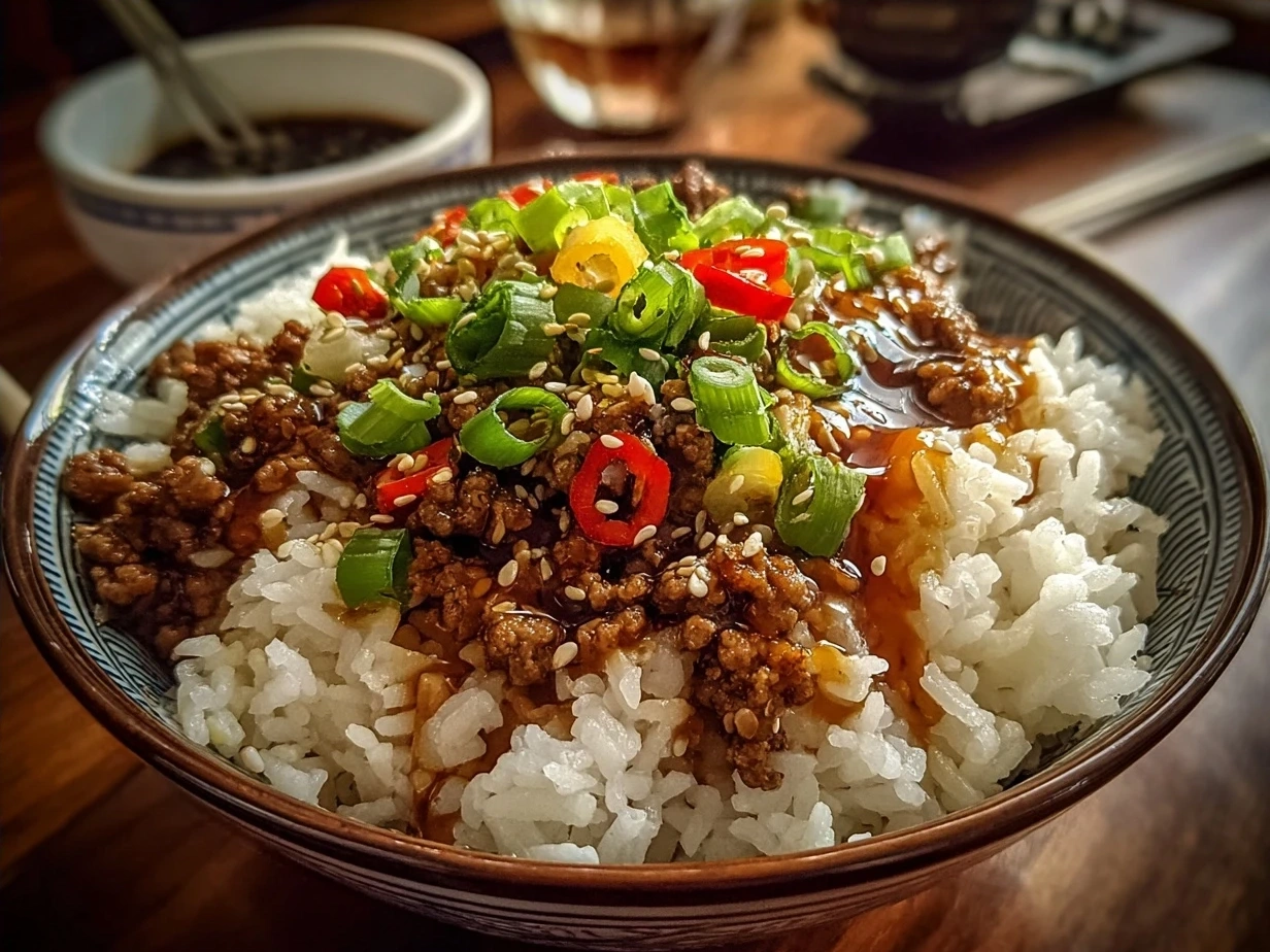 Final plated Ground Turkey Teriyaki Rice Bowl garnished and ready to serve