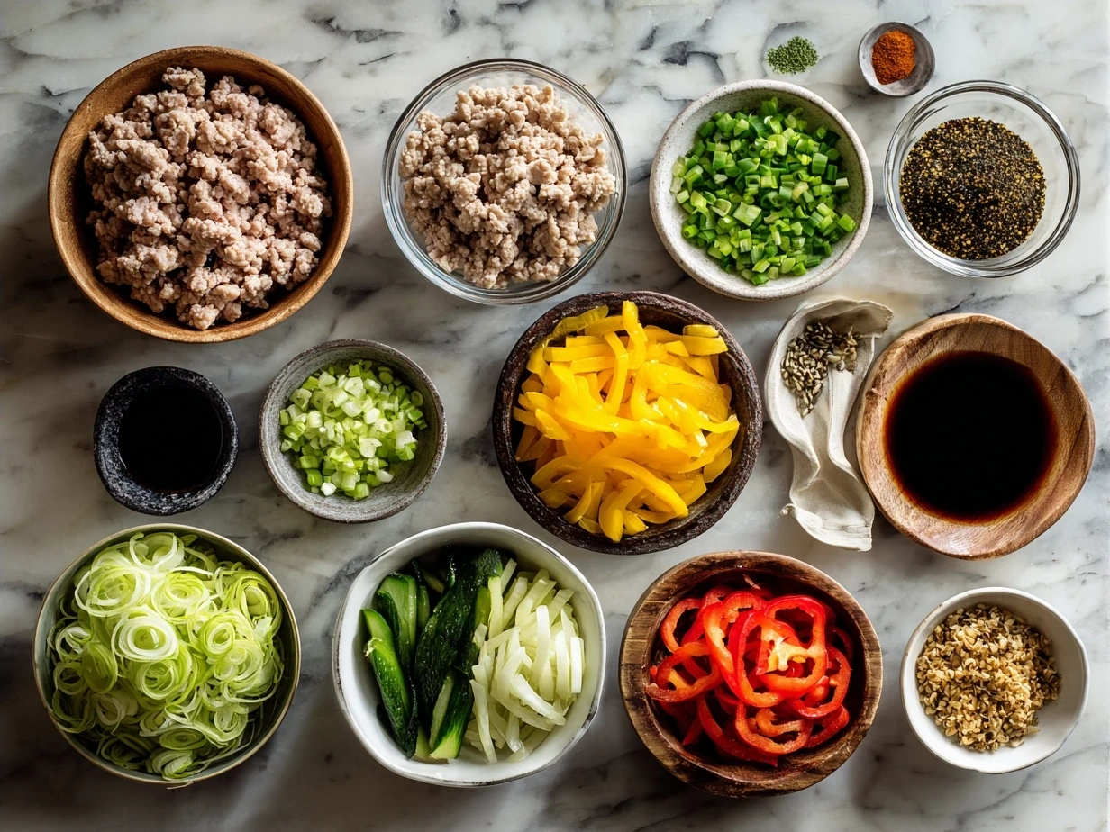 Ingredients for Ground Turkey Teriyaki Rice Bowl laid out including ground turkey, vegetables, and sauces