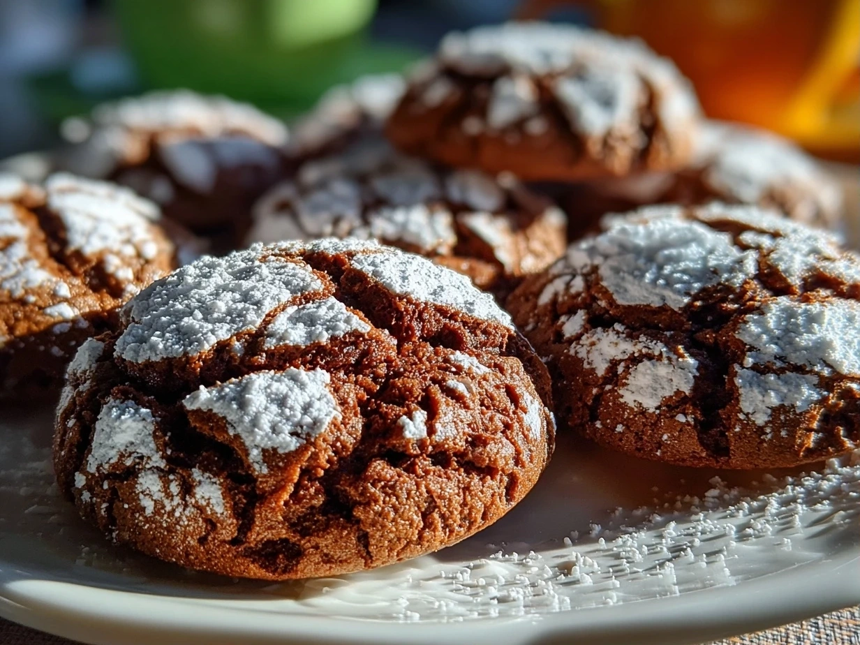 Close-up of finished Chocolate Mint Crinkles freshly baked