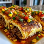 Home cook, iPhone 14. Close-up slight angle of freshly prepared ground beef salsa corn roll ups on white plate. Mouthwatering --ar 4:3 --style raw --s 240