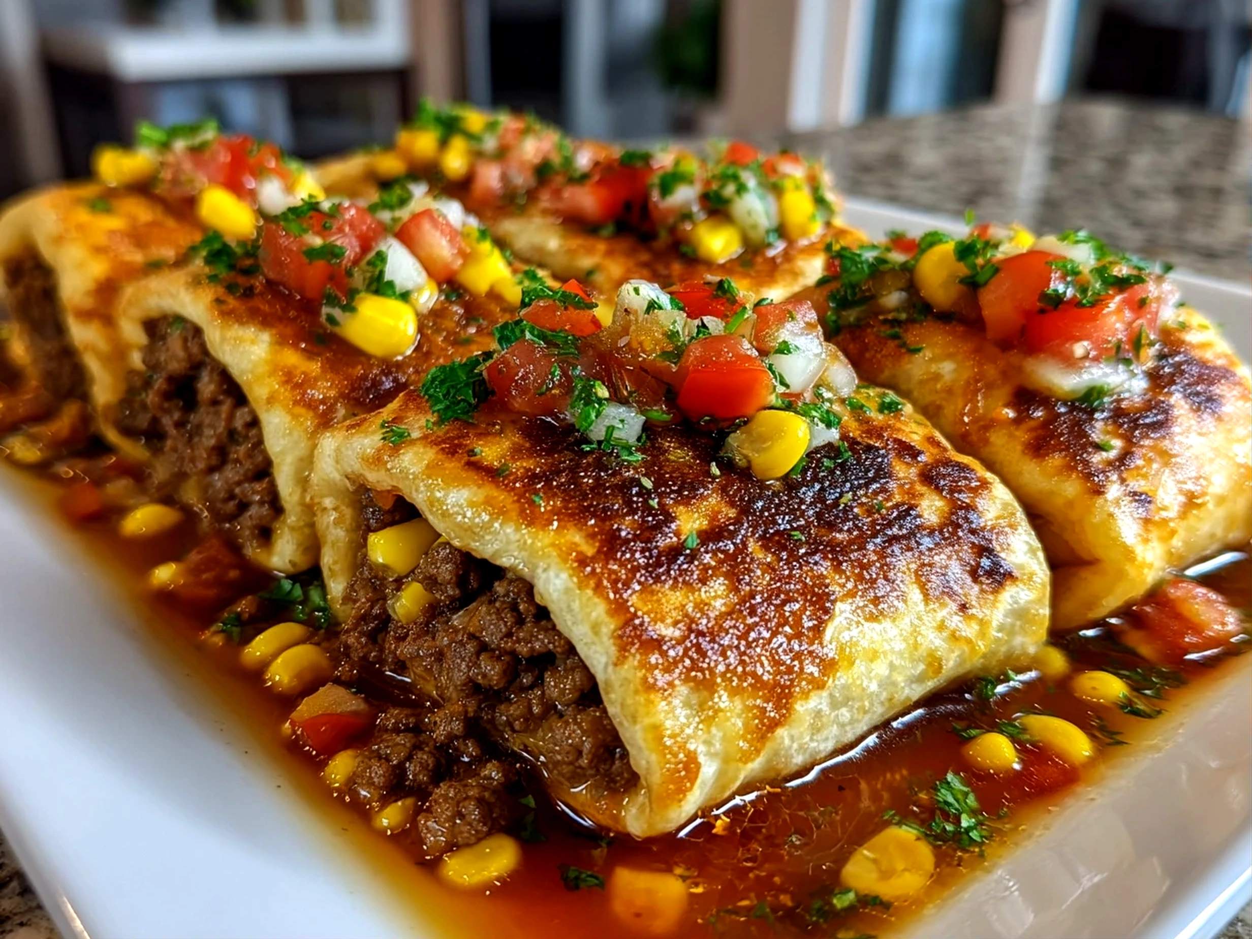Home cook, iPhone 14. Close-up slight angle of freshly prepared ground beef salsa corn roll ups on white plate. Mouthwatering --ar 4:3 --style raw --s 240