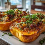 Home cook, iPhone 15 Pro Max. Close-up slight angle of freshly prepared Simanim Stuffed Butternut Squash on white plate.