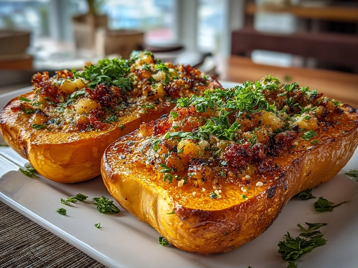 Home cook, iPhone 15 Pro Max. Close-up slight angle of freshly prepared Simanim Stuffed Butternut Squash on white plate.