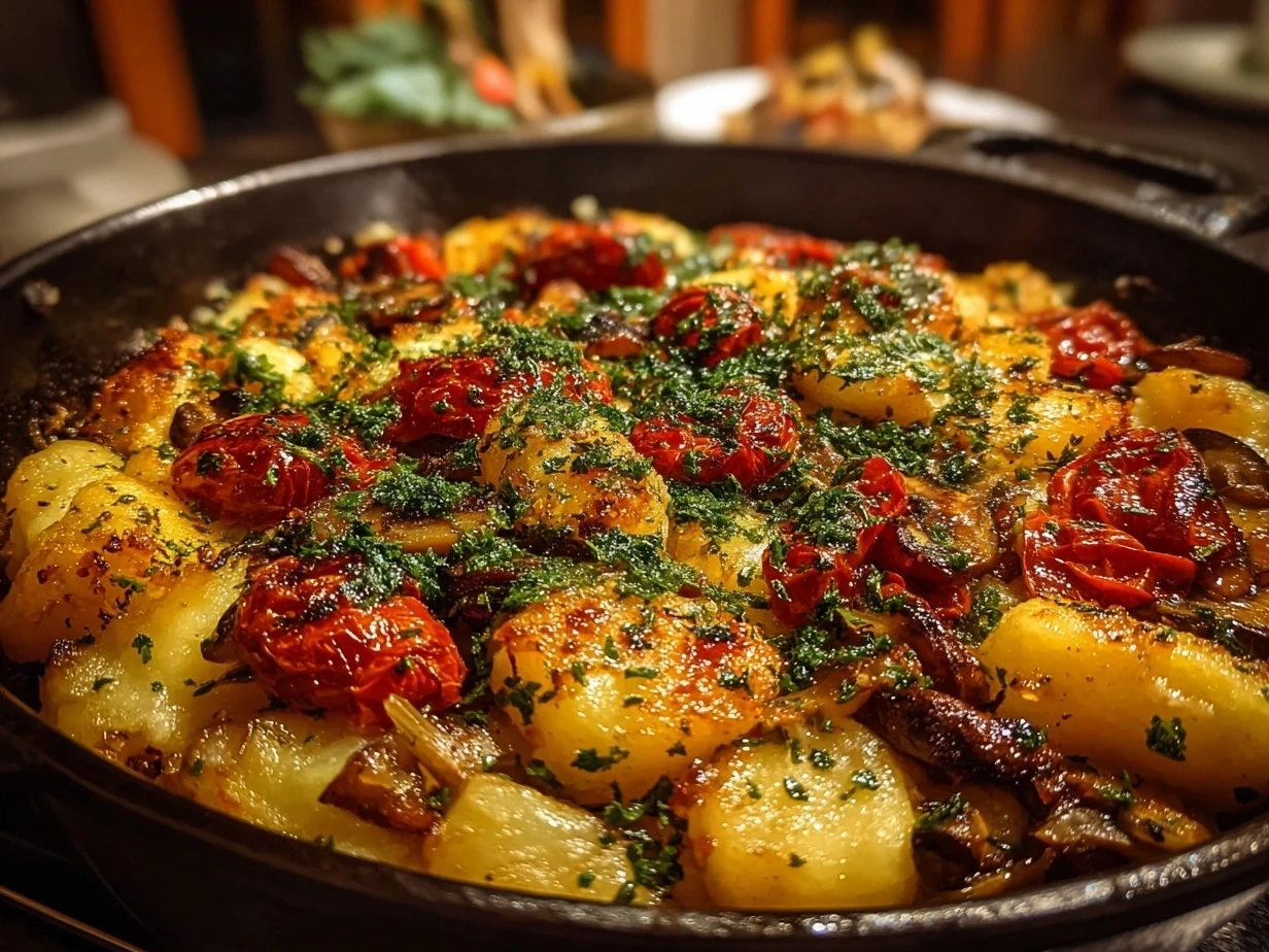 Close up of finished Ciambotta Italian vegetable stew served in a rustic bowl