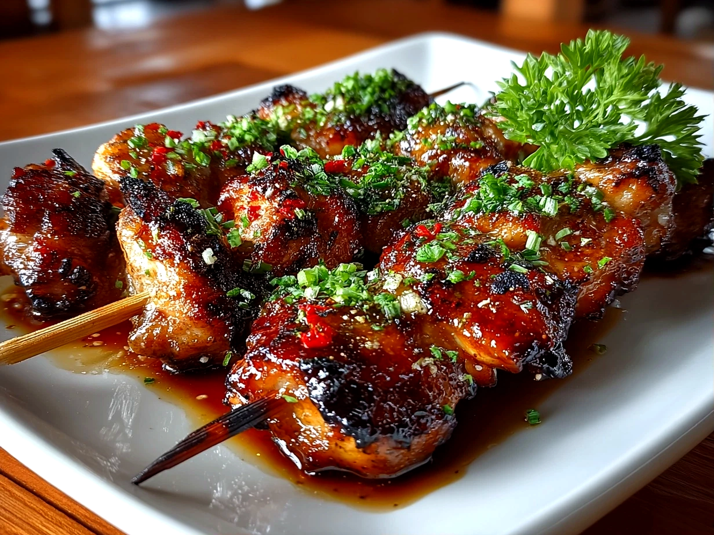 Home cook, taken with iPhone 14. Close-up slight angle of freshly prepared Japanese Yakitori Grilled Chicken on white plate. Rich inviting --ar 4:3 --style raw --s 240