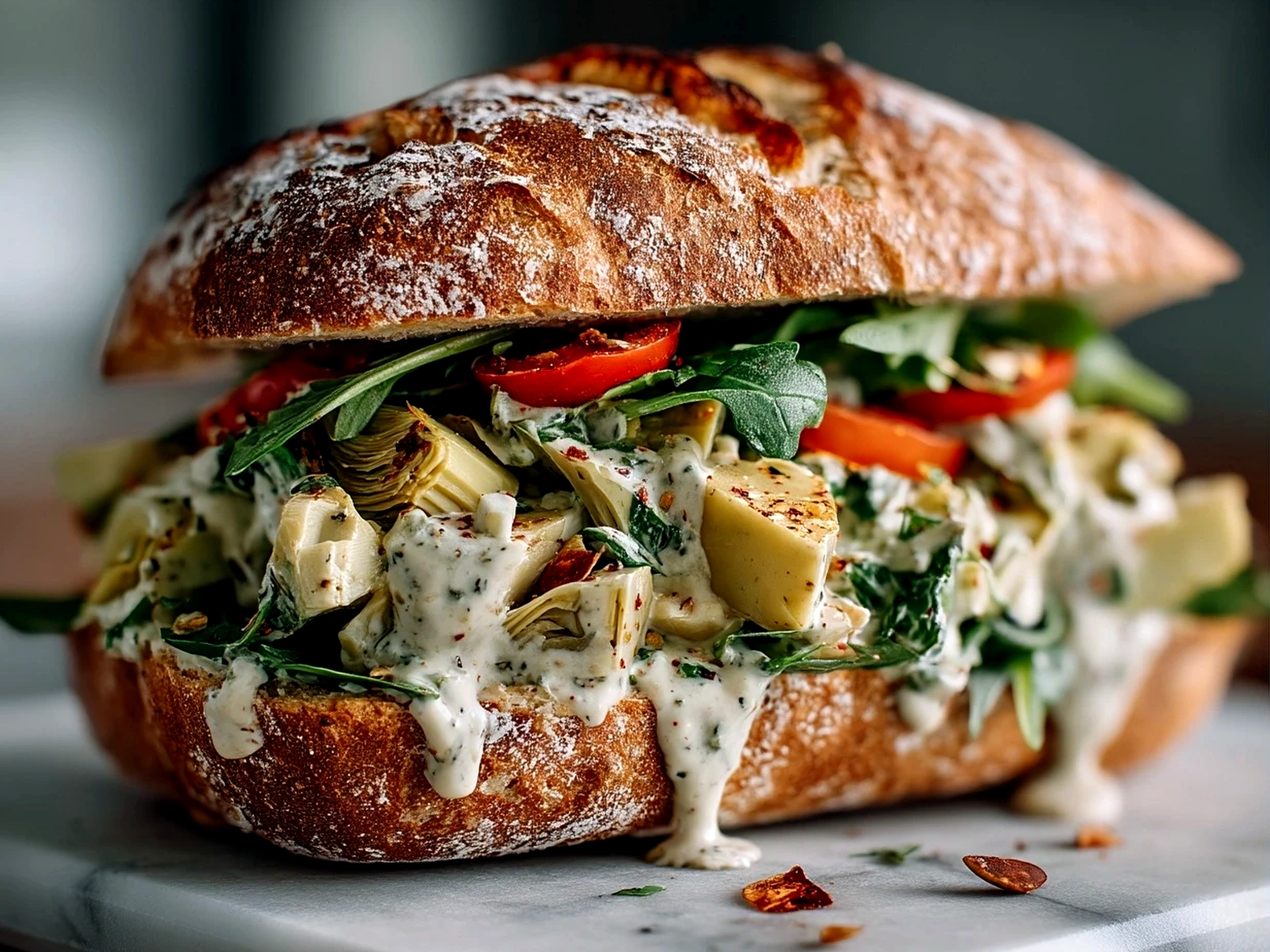Homemade artichoke sandwich with creamy layers