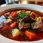 Homemade beef vegetable soup on clean counter