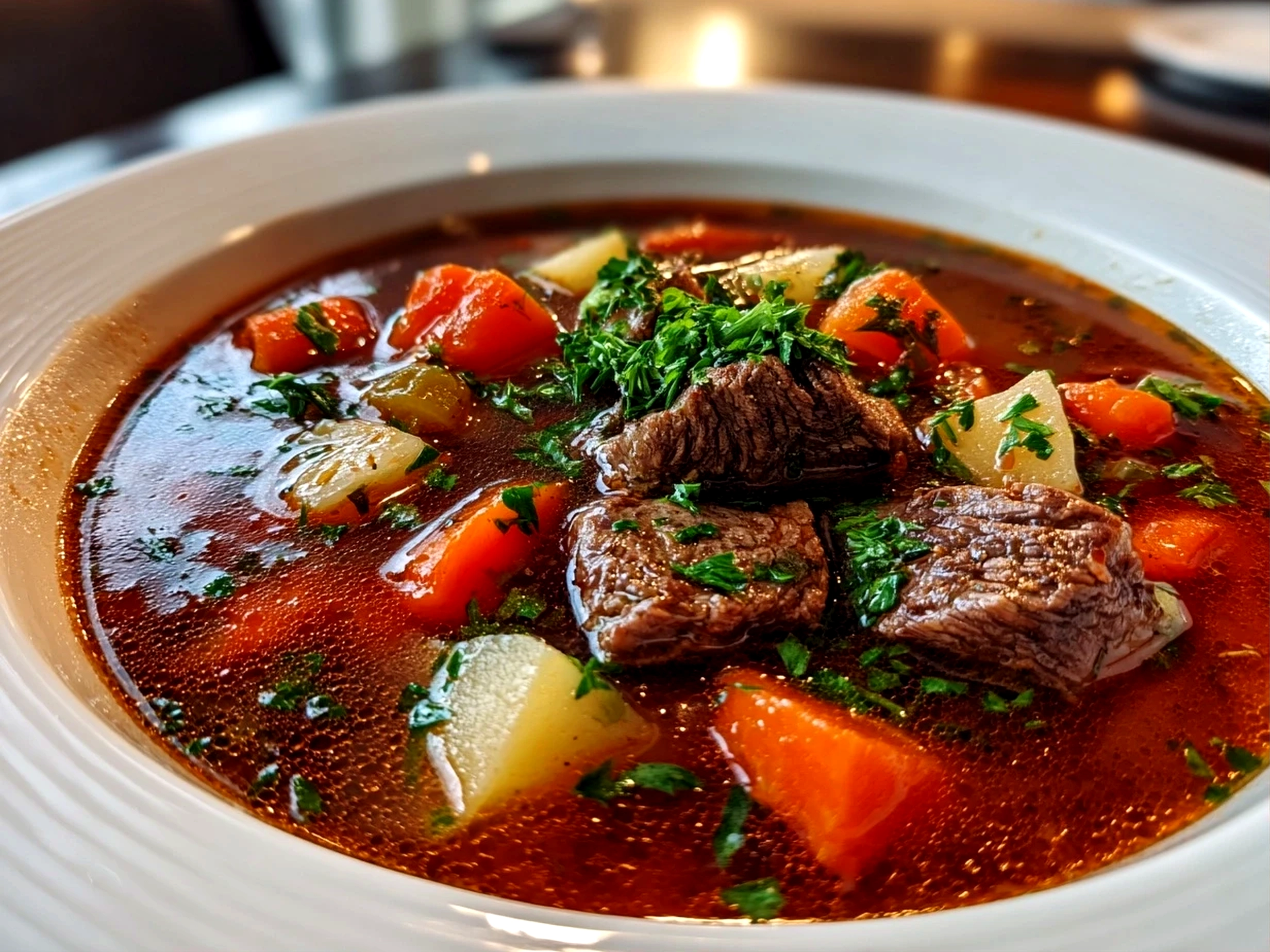 Homemade beef vegetable soup on clean counter