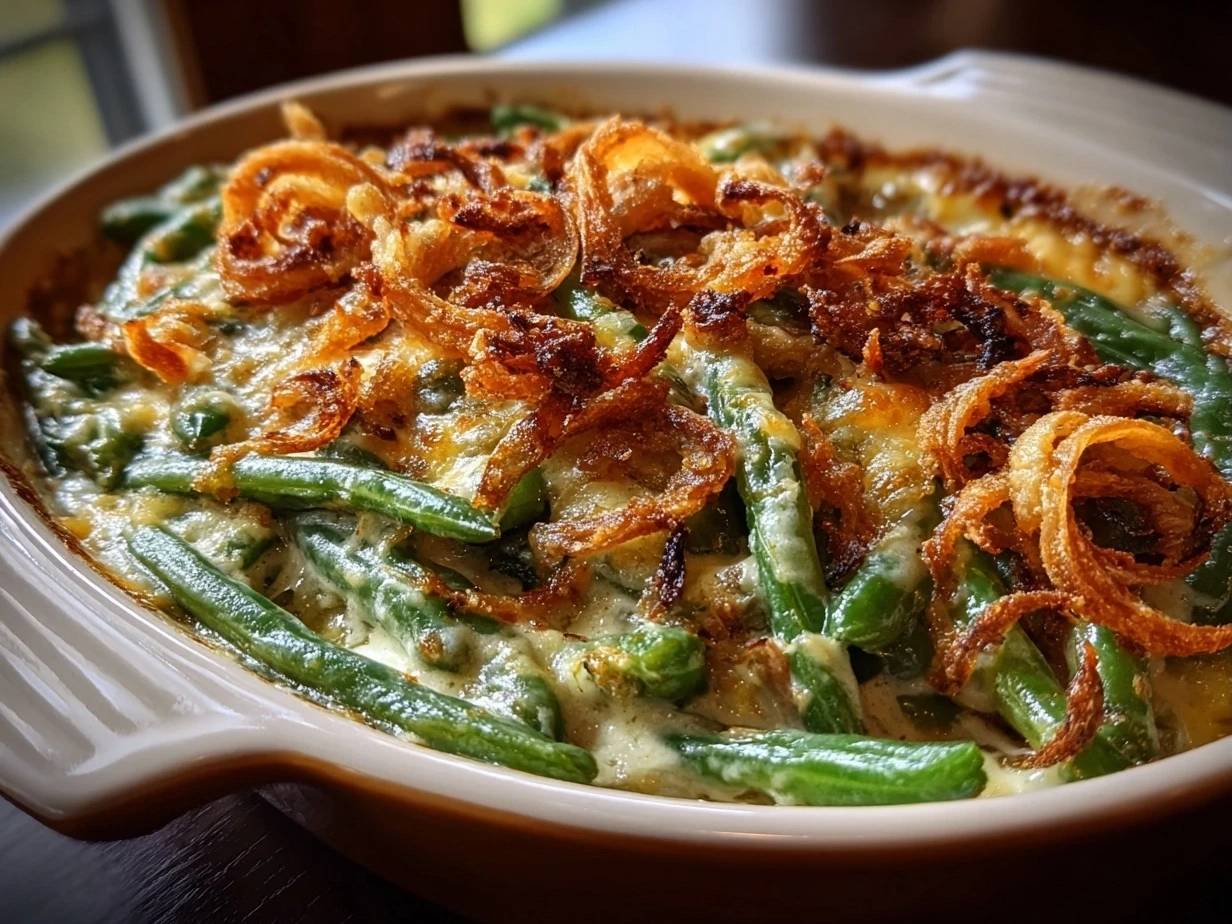 Finished Homemade Green Bean Casserole baked to golden perfection and ready to serve