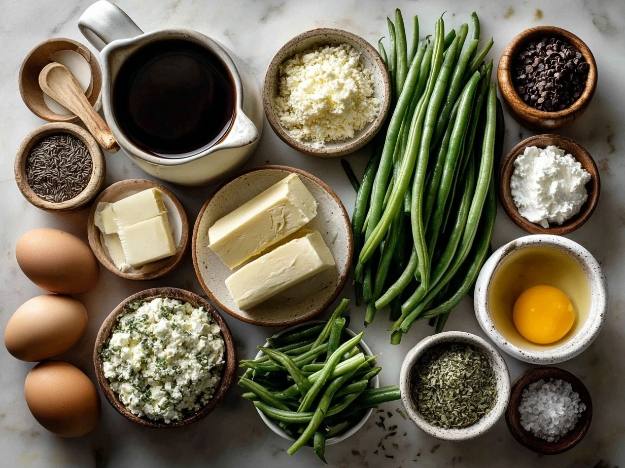 Ingredients for Homemade Green Bean Casserole including fresh green beans, mushrooms, garlic, and crispy fried onions