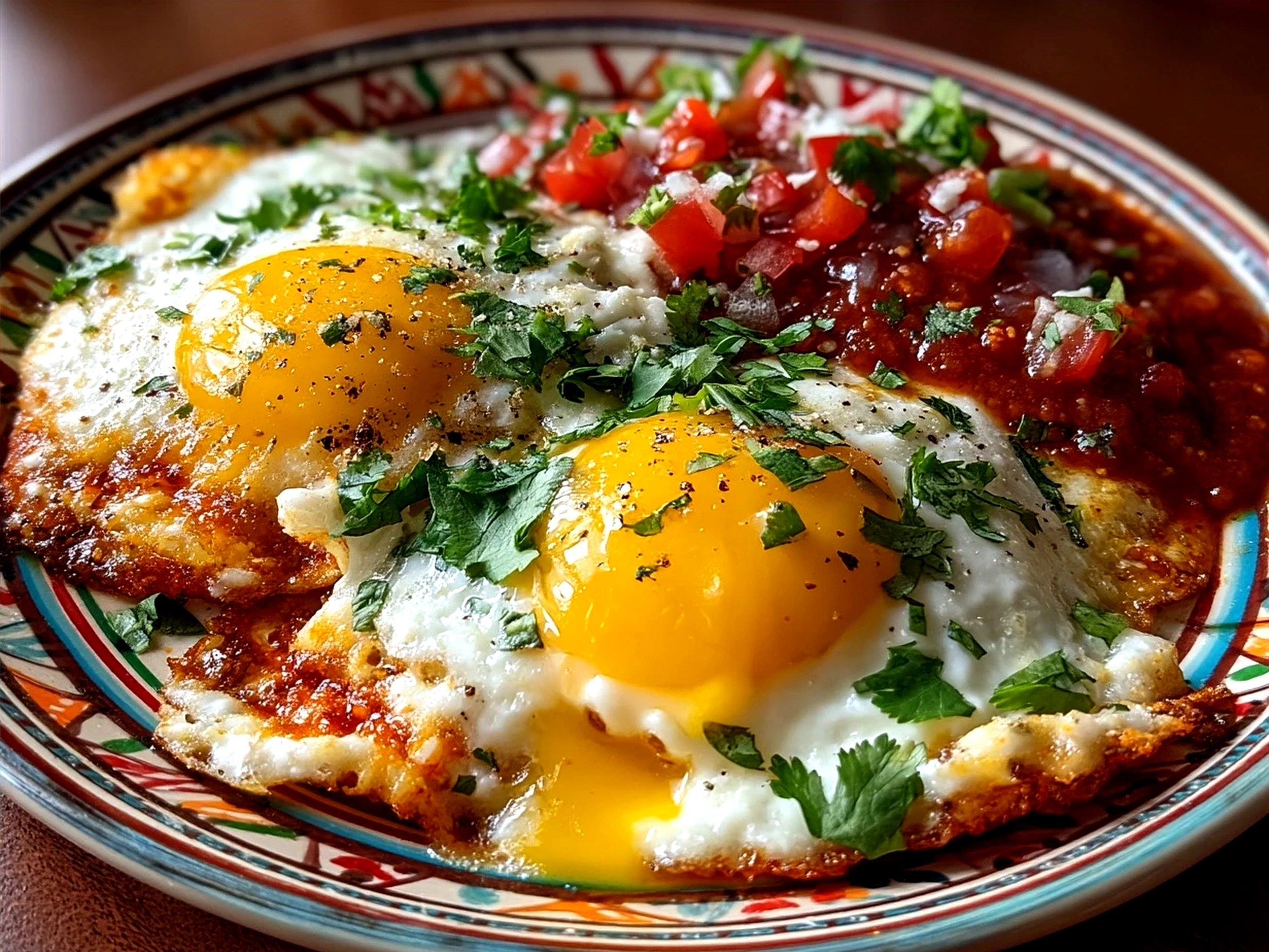Plated Huevos Rancheros with fried eggs, ranchero sauce, black beans, and fresh cilantro