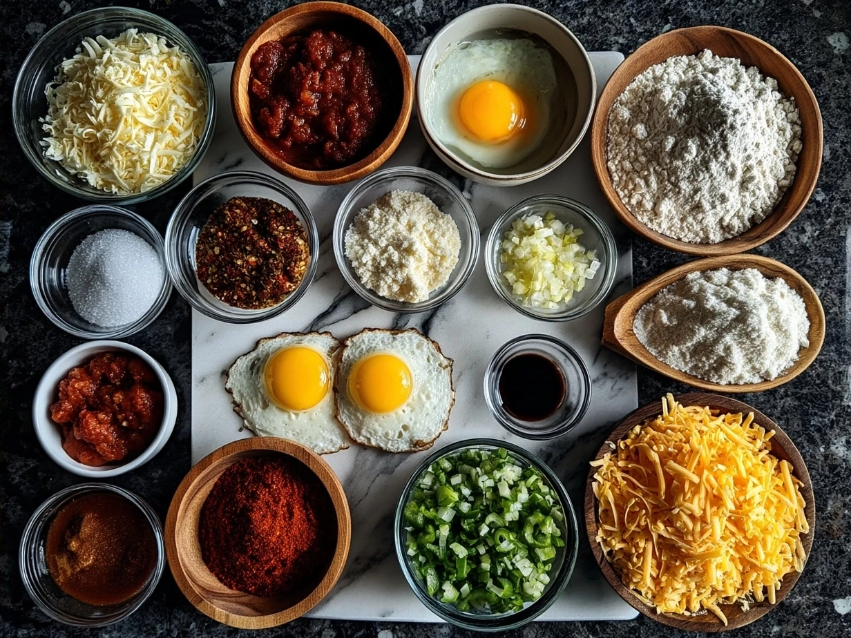 Ingredients for making authentic Huevos Rancheros on a wooden table