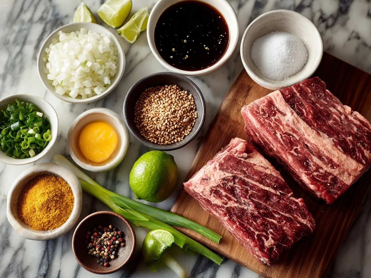 Ingredients for beef short rib tacos on white marble