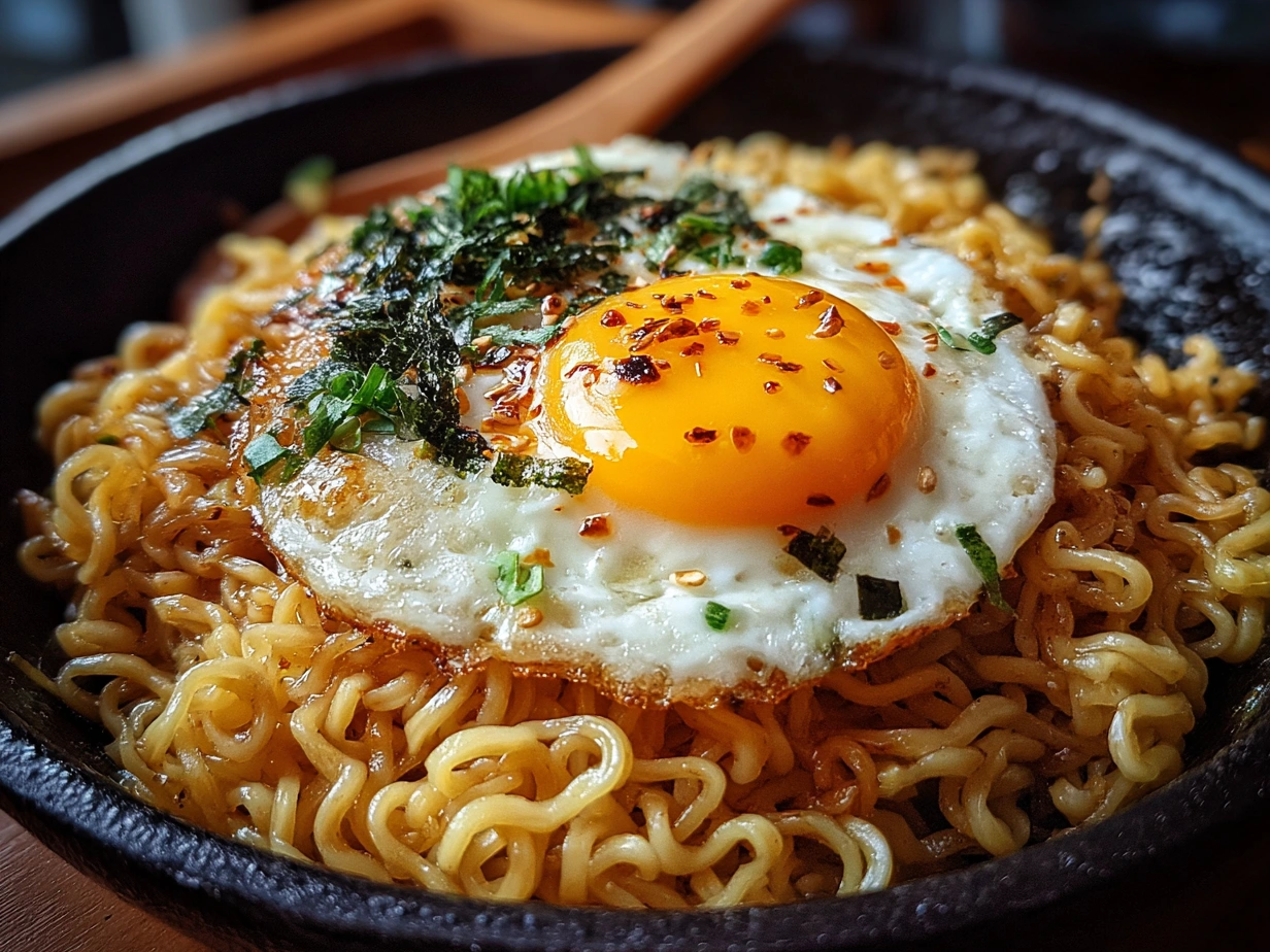 Served Instant Noodles with Egg Butter Garlic garnished with green onions and red pepper flakes