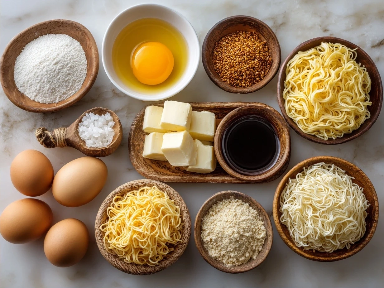 Ingredients for Instant Noodles with Egg Butter Garlic including butter, garlic, eggs, and noodles