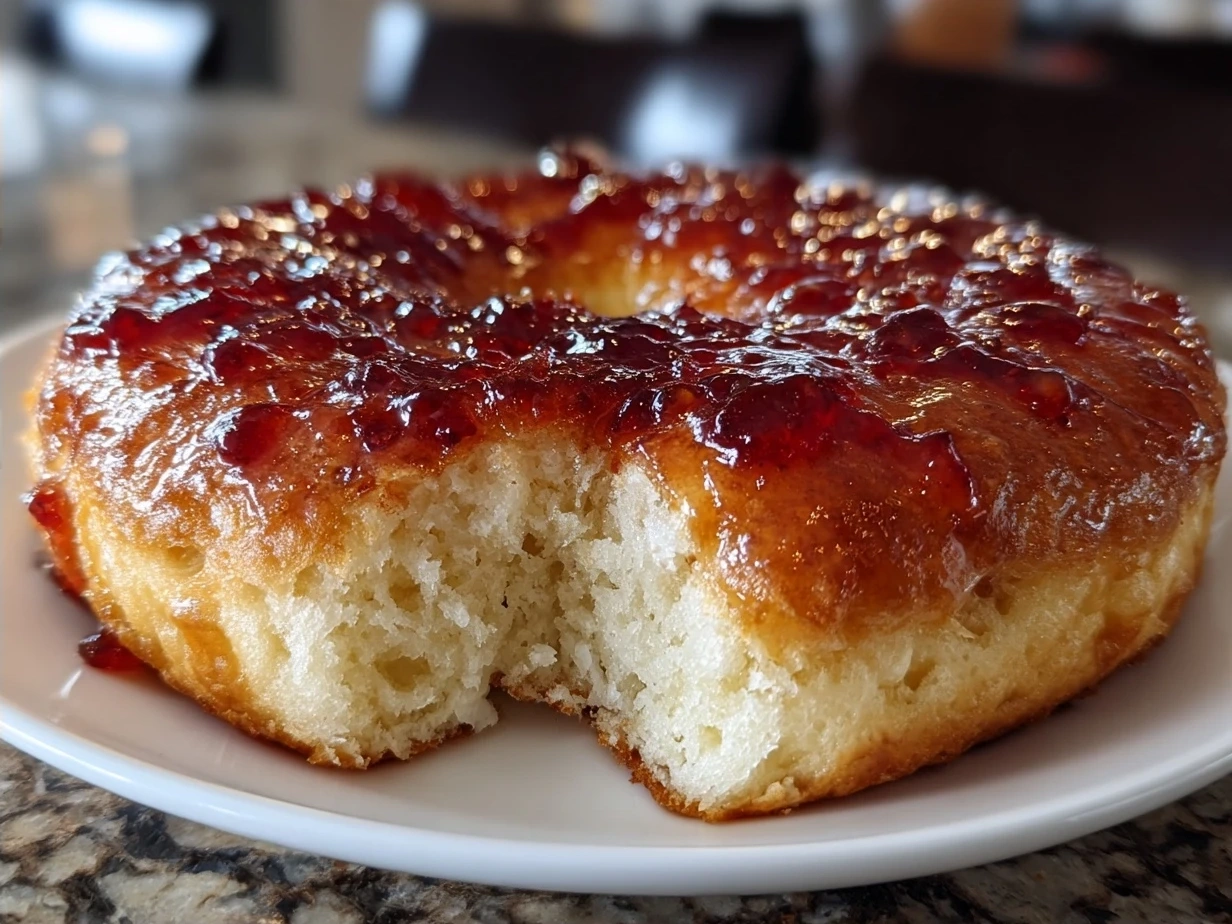 Freshly baked jam donut focaccia with caramelized edges on a wooden board ready to share