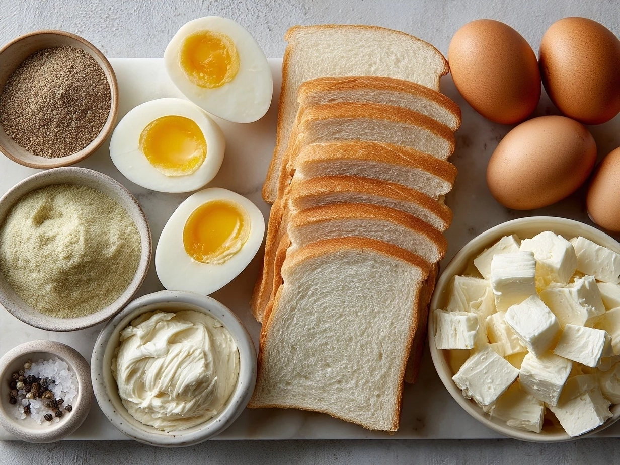 Ingredients for Japanese Egg Sandwich including eggs, Japanese mayonnaise, bread, and seasonings