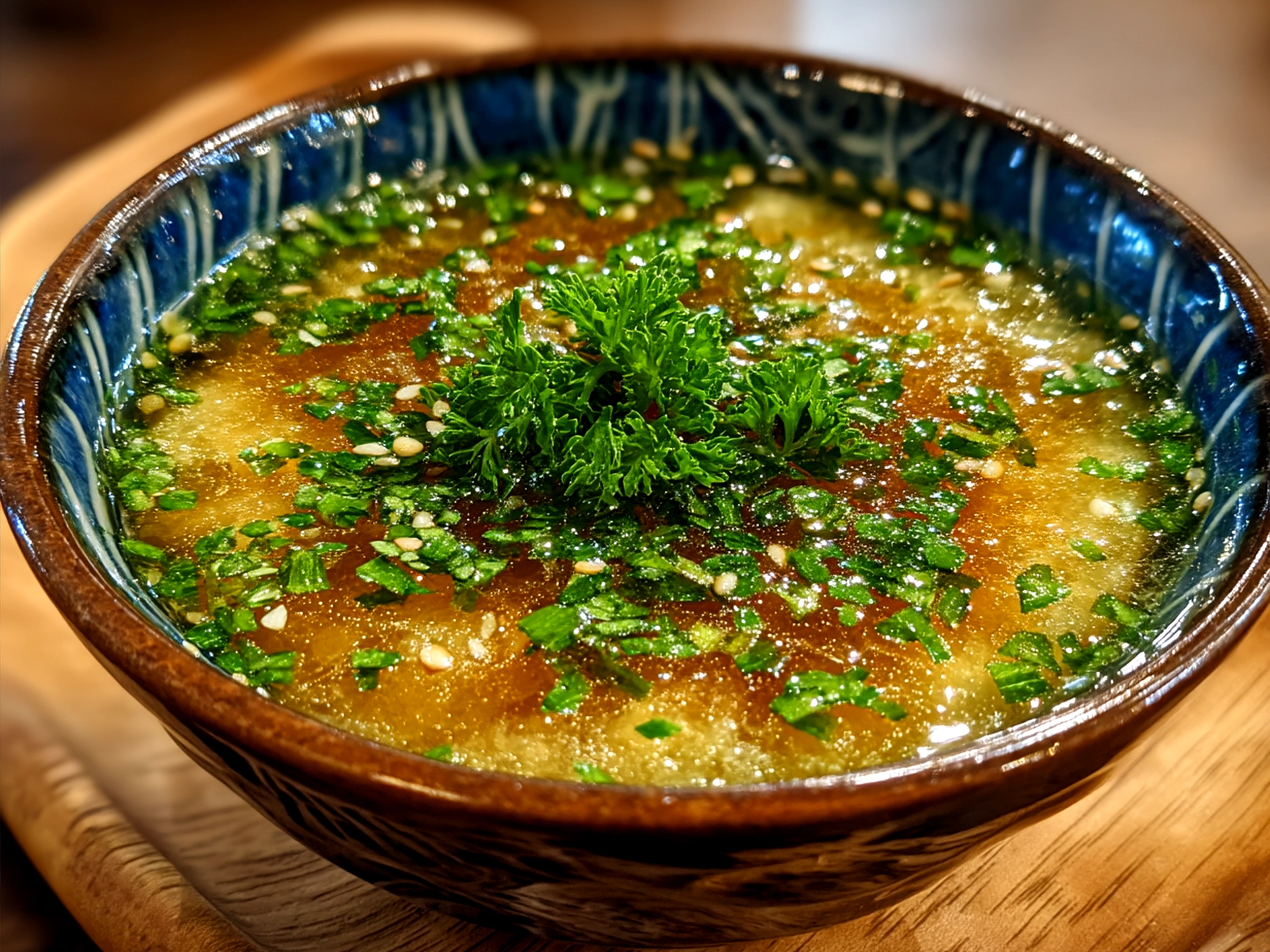 Serving of Japanese Onion Soup garnished with green onions in a rustic bowl