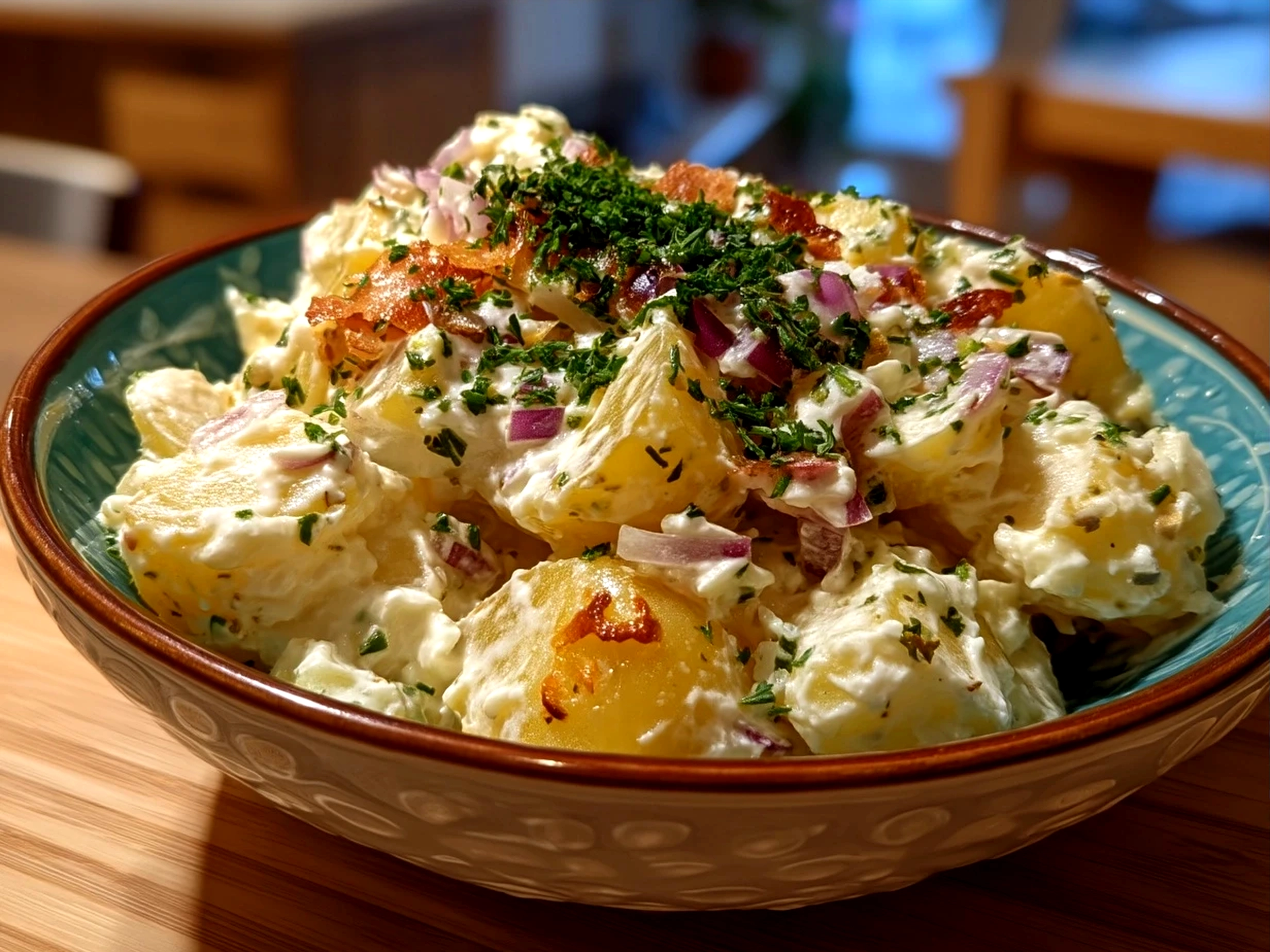 Serving of creamy Japanese Potato Salad garnished with fresh herbs