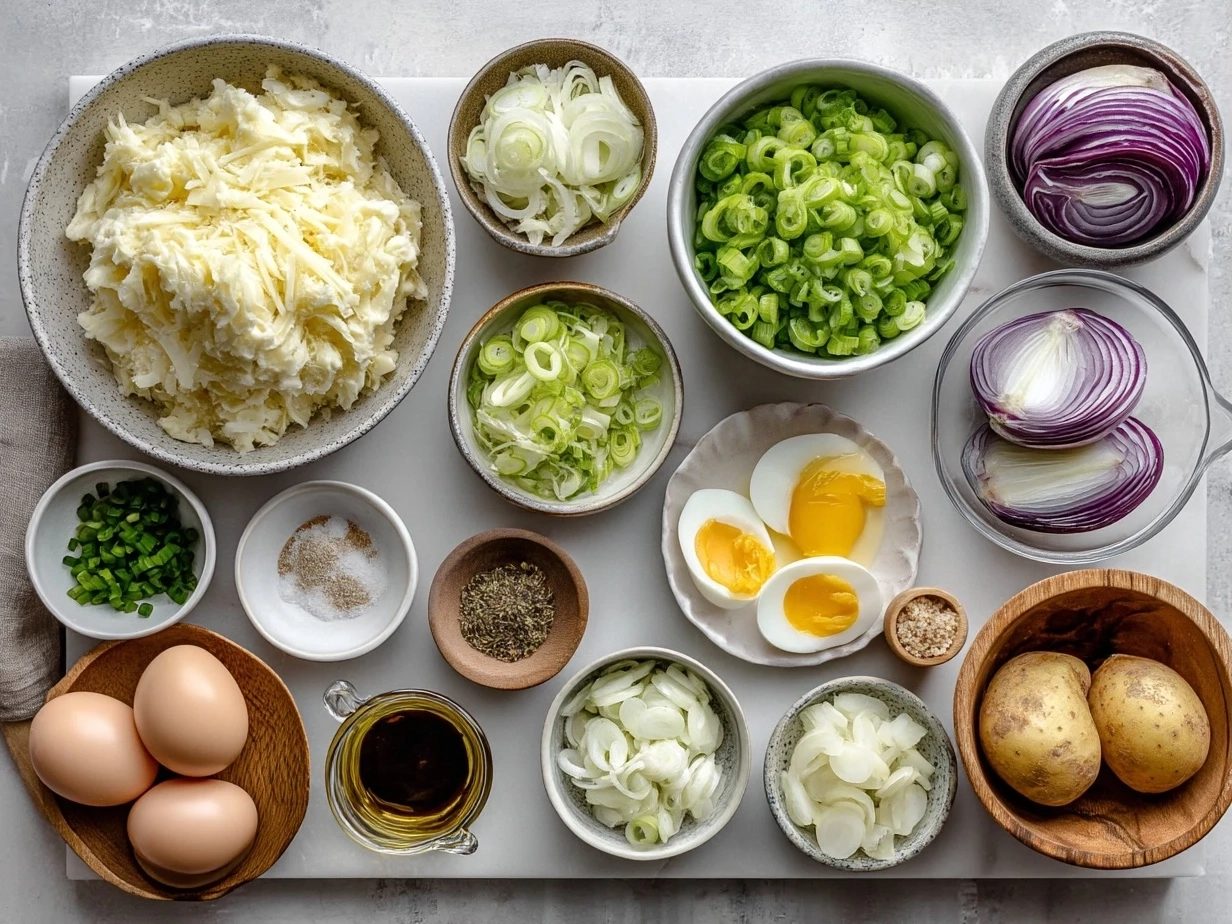 Fresh ingredients for Japanese Potato Salad including potatoes, cucumbers, carrots, onions, eggs, and Japanese mayonnaise