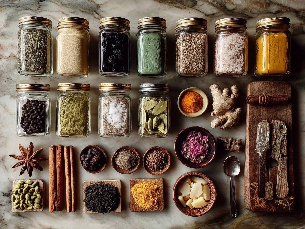 Ingredients for Kashmiri Pink Chai laid out for preparation